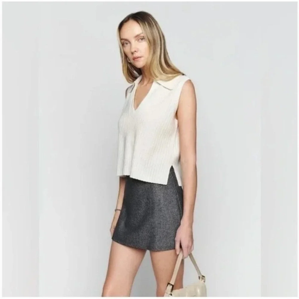 Reformation Sydney Cashmere Collared‎ Sweater Ribbed V Neck Ivory Size Large